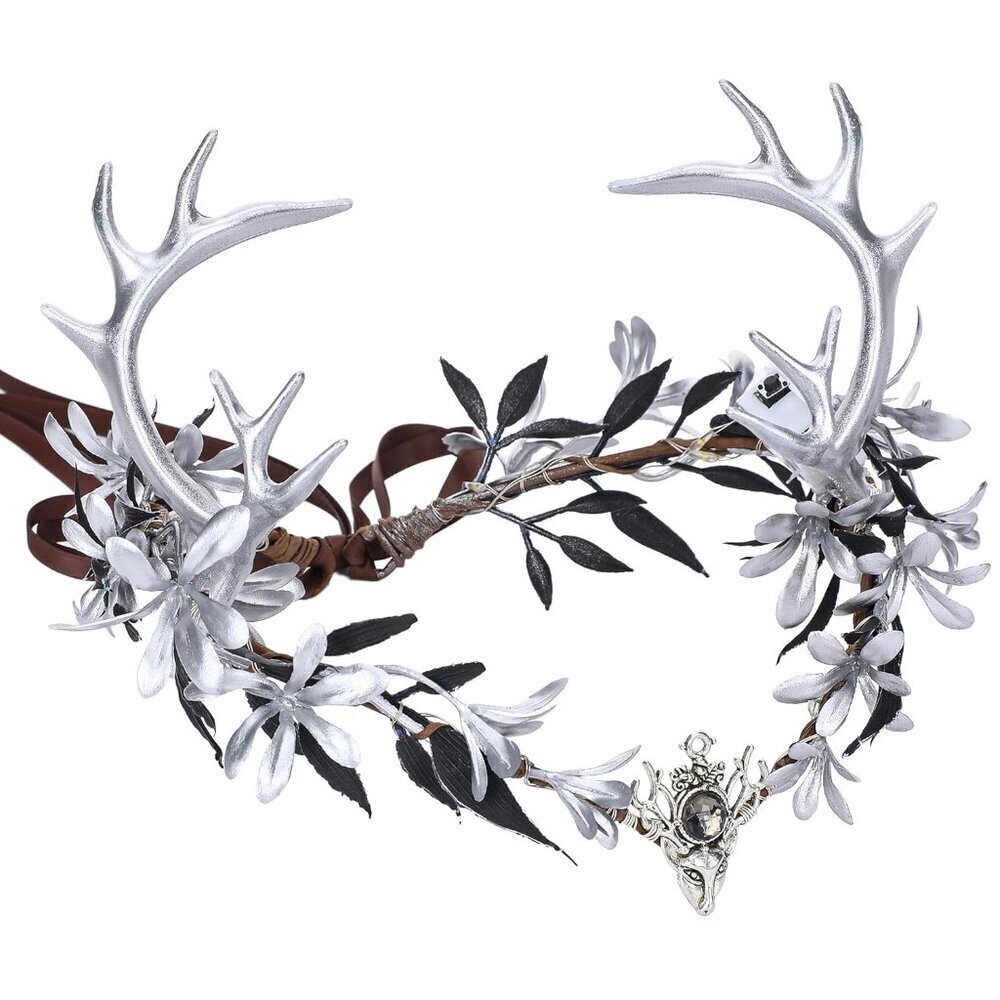 Fairy Crown Silver Antler Floral Headband for Women Renaissance and Cosplay